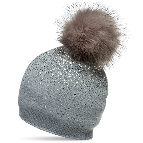 Caspar MU188 Damen Fein Strick Glitzer Strass Winter Mütze mit Fellbommel, Farbe:grau, Größe:One Size von Caspar