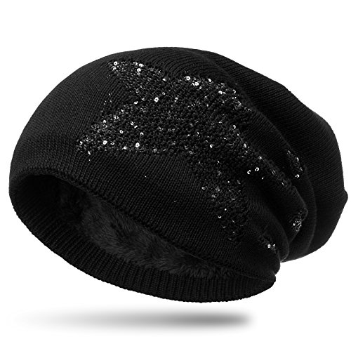 Caspar MU189 gefütterte Feinstrick Beanie Mütze im Stern Destroyed Glitzer Look, Farbe:schwarz, Größe:One Size von Caspar