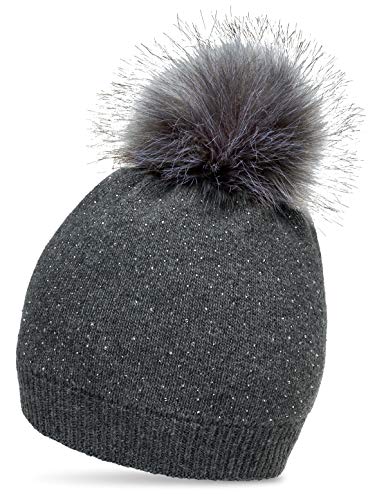 Caspar MU191 Damen Fein Strick Winter Mütze mit Fellbommel und dezentem Glitzer Strass, Farbe:dunkelgrau, Größe:One Size von Caspar