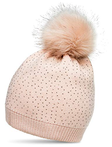 Caspar MU191 Damen Fein Strick Winter Mütze mit Fellbommel und dezentem Glitzer Strass, Größe:One Size, Farbe:rosa von Caspar