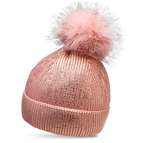 Caspar MU192 Damen Metallic Glitzer Bommelmütze gefüttert mit XL Bommel, Größe:One Size, Farbe:rosa metallic von Caspar