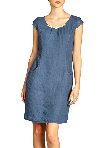 Caspar SKL018 knielanges Damen Sommer Leinenkleid mit Perlmutt Knöpfe Dekor, Farbe:Jeans blau, Größe:M - DE38 UK10 IT42 ES40 US8 von Caspar