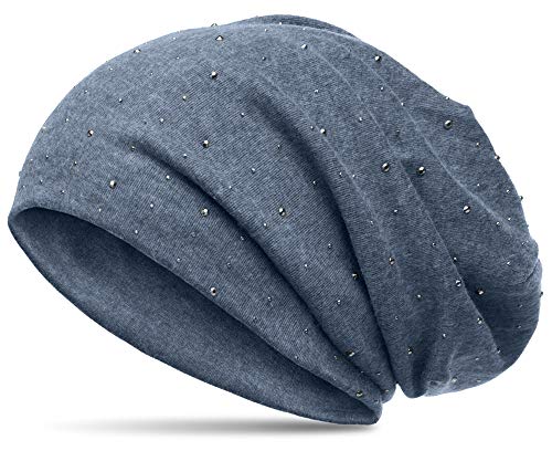 Caspar MU137 Beanie Mütze mit Strass und warmem Flanell Stoff, Größe:One Size, Farbe:jeansblau (meliert) von Caspar