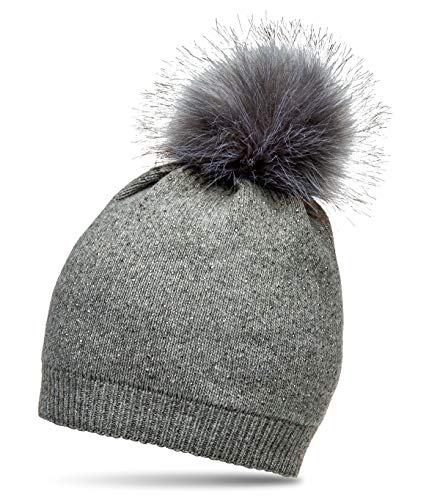 Caspar MU191 Damen Fein Strick Winter Mütze mit Fellbommel und dezentem Glitzer Strass, Farbe:grau, Größe:One Size von Caspar