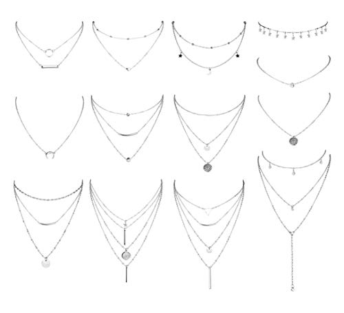 CASSIECA 13 Pcs Geschichteten Choker Halskette Einstellbar Lang Anhänger Halskette Klein Sterne Mond Pailletten Choker Mehrschichtige Kette Halskette Set für Frauen Mädchen Böhmischer Schmuck von CASSIECA