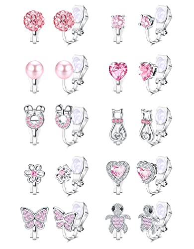 CASSIECA 10 Paar Ohrclips Kinder Mädchen Clip On Ohrringe Ohne Ohrloch Herz Stern Blumen Rosa Hypoallergene Ohrclips für Ohne Ohrlöcher Schmuck für Kinder Mädchen Colorfol Ohrringe von CASSIECA