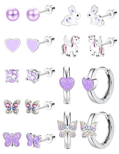 CASSIECA 9 Paar Ohrringe Kinder Damen Chirurgenstahl Kinder Ohrringe Mädchen Herz Blume Schmetterling CZ Ohrstecker Set für Kinder Hypoallergene Schraubverschluss Piercing Ohrringe von CASSIECA
