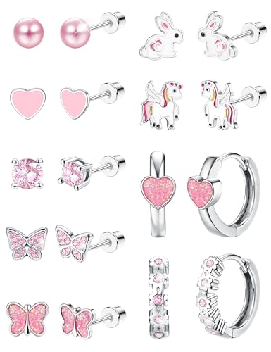 CASSIECA 9 Paar Ohrringe Mädchen Damen Chirurgenstahl Kinder Ohrringe Mädchen Herz Blume Schmetterling CZ Ohrstecker Set für Kinder Hypoallergene Schraubverschluss Piercing Ohrringe von CASSIECA