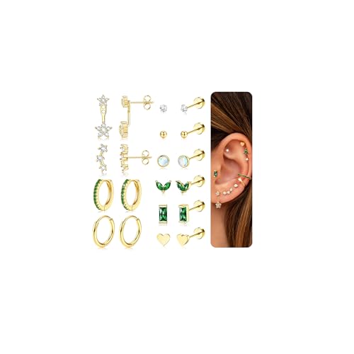CASSIECA 10 Paar Piercing Ohr Gold für Damen Chirurgenstahl Ohrringe Medizinische Ohr Piercings Set CZ Blume Ohr Piercing Hypoallergene Ohrstecker Gold Conch Tragus Mehrfach Piercing Schmuck von CASSIECA