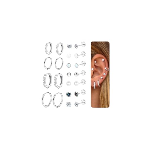 CASSIECA 11 Paar Ohrringe Silber Set, 316L Chirurgenstahl Ohrringe für Damen Herren Medizinische Ohrstecker und Creolen für Mehrfachpiercing 14K Vergoldet Helix Tragus Piercing Ohr Silber von CASSIECA