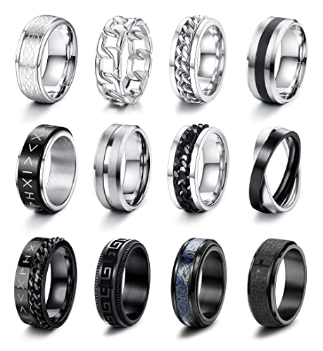 CASSIECA 12 Stück Ringe für Herren Fidget Spinner Anti Angst Ringe Band Ketten Ringe Silber Schwarze Ehering Verlobungsringe Zappel Ring Geburtstag Geschenke für Herren Größe 70 von CASSIECA