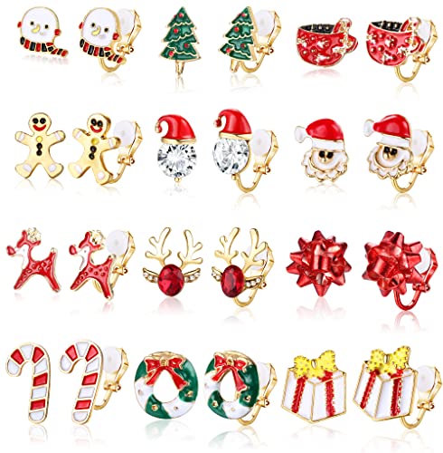 CASSIECA 12 Paar Clip Ohrringe Weihnachten für Damen Mädchen Weihnachts Ohrringe Set Hängend Weihnachtsbaum Schneeflocke Elch Ohrring Weihnacht von CASSIECA