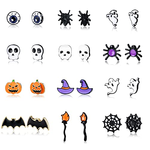 CASSIECA 12 Paar Halloween Ohrringe Set für Mädchen Ohrstecker Sets Halloween Ohrringe für Damen Teenager kinder Kürbis Spinne Fledermaus Geist Gruselige Ohrringe Halloween Schmuck von CASSIECA