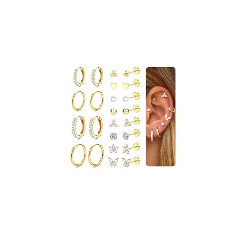 CASSIECA 12 Paar Ohrringe Gold Set, 316L Chirurgenstahl Ohrringe für Damen Herren Medizinische Ohrstecker und Creolen für Mehrfachpiercing 14K Vergoldet Helix Tragus Piercing Ohr Gold von CASSIECA