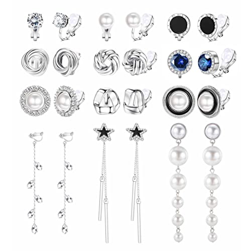 CASSIECA 12 Paar Clip Ohrringe für Damen Mädchen Silber Nicht Durchbohrt Klips Kubischer Zirkon Ohrstecker Ohrringe Perlen Blumen Hypoallergen Ohrringe Hochzeit Set von CASSIECA