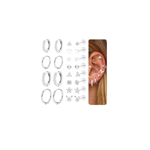 CASSIECA 12 Paar Ohrringe Silber Set, 316L Chirurgenstahl Ohrringe für Damen Herren Medizinische Ohrstecker und Creolen für Mehrfachpiercing 14K Vergoldet Helix Tragus Piercing Ohr Silber von CASSIECA