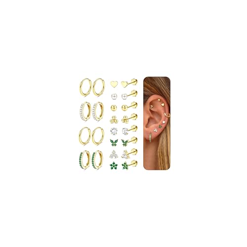CASSIECA 12 Paar Ohrringe Set Gold, 316L Chirurgenstahl Ohrringe für Damen Herren 14K Vergoldet Medizinische Ohrstecker Creolen für Mehrfachpiercing Helix Tragus Piercing Ohr Gold CASSIECA 12 Paar Ohrringe Set Gold, 316L Chirurgenstahl Ohrringe für Damen Herren 14K Vergoldet Medizinische Ohrstecker Creolen für Mehrfachpiercing Helix Tragus Piercing Ohr Gold von CASSIECA