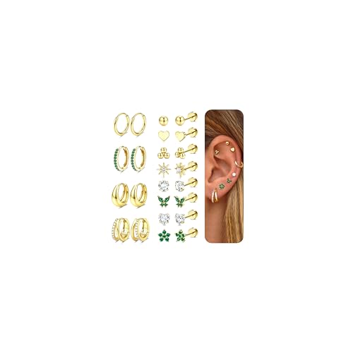 CASSIECA 12 Paar Ohrringe Set Gold, 316L Chirurgenstahl Ohrringe für Damen Herren 14K Vergoldet Medizinische Ohrstecker Creolen für Mehrfachpiercing Helix Tragus Piercing Ohr Gold von CASSIECA