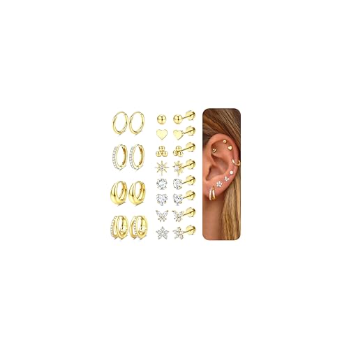 CASSIECA 12 Paar Ohrringe Set Gold, 316L Chirurgenstahl Ohrringe für Damen Herren Medizinische Ohrstecker Creolen für Mehrfachpiercing 14K Vergoldet Helix Tragus Piercing Ohr Gold von CASSIECA