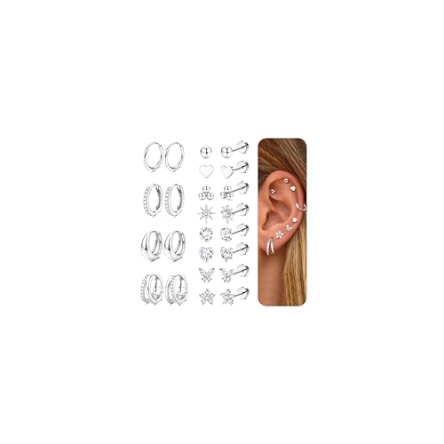 CASSIECA 12 Paar Ohrringe Set Silber, 316L Chirurgenstahl Ohrringe für Damen Herren Medizinische Ohrstecker Creolen für Mehrfachpiercing Helix Tragus Conch Piercing Ohr Silber von CASSIECA