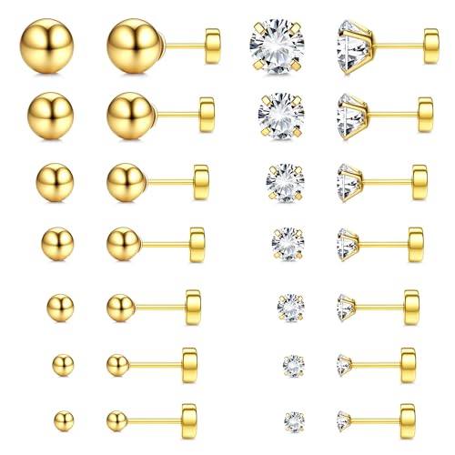 CASSIECA 12 Paar Ohrstecker für Damen Herren Edelstahl klein Ohrstecker Piercing Kleine CZ Runde Kugelschraube Flat Back Knorpel Ohrringe Set 2-4MM von CASSIECA