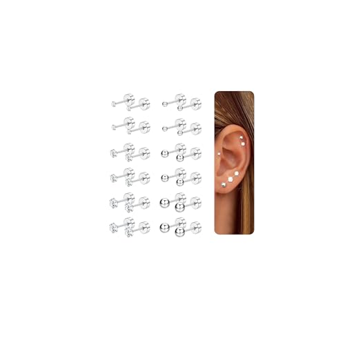 CASSIECA 12 Paar Ohrstecker für Damen Herren Edelstahl klein Ohrstecker Piercing Kleine CZ Runde Kugelschraube Flat Back Knorpel Ohrringe Set 2-4MM von CASSIECA