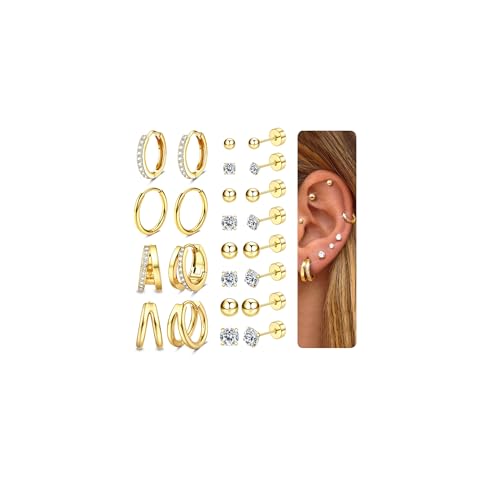 CASSIECA 12 Paar Piercing Ohr Gold Set, 316L Chirurgenstahl Ohrringe für Damen Herren Medizinische Ohrstecker und Creolen für Mehrfachpiercing 14K Vergoldet Helix Tragus Piercing Ohr Gold von CASSIECA