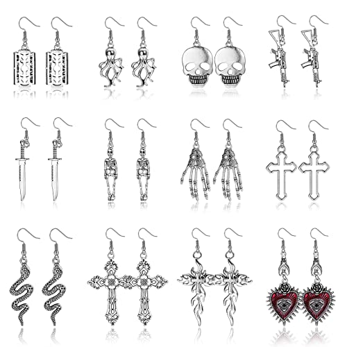 CASSIECA 12 Paar Gothic Ohrringe für Damen Goth Grunge Ohrringe Set Halloween Schmuck Retro Silber Kreuz Skelett Schwert Sonne Mond Fledermaus Ohrringe Goth Ohrhänger Set Punk Rock Y2k Ohrringe von CASSIECA