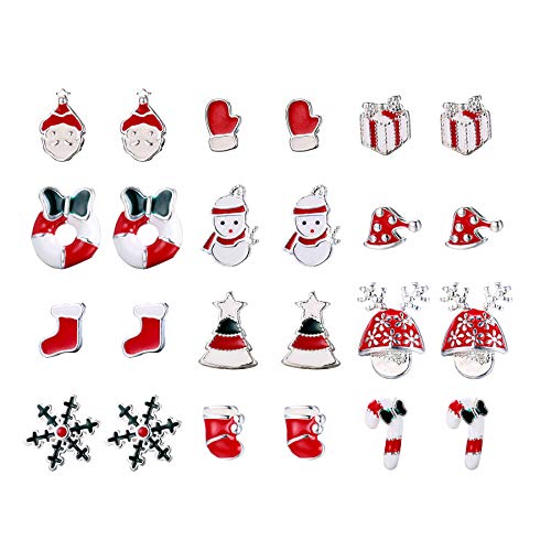 CASSIECA 12 Paare Edelstahl Weihnachten Ohrstecker für Damen Mädchen Kinder Ohrring Süß Fest Urlaub Santa Schneeflocke Schneemann Candy Set Geschenk Piercing Ohr von CASSIECA