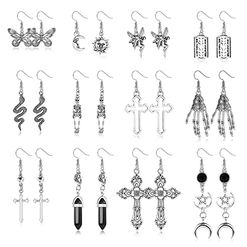 CASSIECA 12 Paare Halloween Schmuck Gothic Ohrringe für Damen Punk Vintage Grunge Ohrringe für Damen Retro Silber Kreuz Skelett Schwert Sonne Mond Fledermaus Ohrringe Goth Ohrhänger Set von CASSIECA