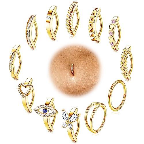 CASSIECA 12 Pcs 14G Bauchnabelpiercing für Damen Bauchnabelpiercing Chirurgenstahl Schmetterling Herz Blume Piercing Bauchnabel Clicker Bauchnabelpiercing Gold Bauchnabelpiercing Set 12MM von CASSIECA