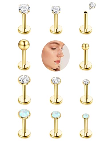 CASSIECA 12 Stück Edelstahl Lippenpiercing Stud Labret Piercing für Frauen Männer 16 Gauge Kugel Zirkon Opal Labret Schwarz Silber Ohrstecker Knorpel Helix Tragus Ohrringe Lippe Piercing, 6mm 8mm von CASSIECA