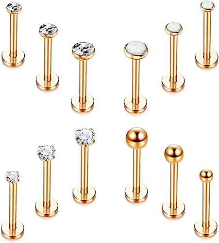 CASSIECA 12 Stück Edelstahl Lippenpiercing Stud Labret Piercing für Frauen Männer 16 Gauge Kugel Zirkon Opal Labret Schwarz Silber Ohrstecker Knorpel Helix Tragus Ohrringe Lippe Piercing, 6mm 8mm von CASSIECA