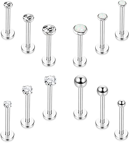 CASSIECA 12 Stück Edelstahl Lippenpiercing Stud Labret Piercing für Frauen Männer 16 Gauge Kugel Zirkon Opal Labret Schwarz Silber Ohrstecker Knorpel Helix Tragus Ohrringe Lippe Piercing, 6mm 8mm von CASSIECA