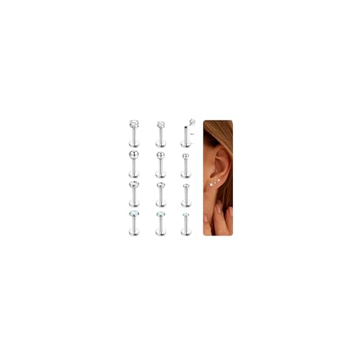 CASSIECA 12 Stück Edelstahl Lippenpiercing Stud Labret Piercing für Frauen Männer 16 Gauge Kugel Zirkon Opal Labret Schwarz Silber Ohrstecker Knorpel Helix Tragus Ohrringe Lippe Piercing, 6mm 8mm von CASSIECA