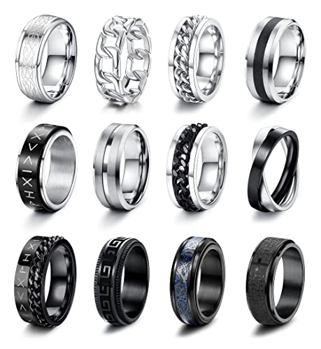 CASSIECA 12 Stück Ringe für Herren Fidget Spinner Anti Angst Ringe Band Ketten Ringe Silber Schwarze Ehering Verlobungsringe Zappel Ring Geburtstag Geschenke für Herren Größe 57 CASSIECA 12 Stück Ringe für Herren Fidget Spinner Anti Angst Ringe Band Ketten Ringe Silber Schwarze Ehering Verlobungsringe Zappel Ring Geburtstag Geschenke für Herren Größe 57 von CASSIECA