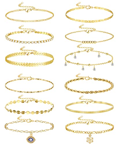 CASSIECA 12 Stück Gold Fußkettchen Armbänder für Damen 14 Karat Vergoldet Silber Seil Kette Böser Blick Tennis Kristall Zirkonia Faux Diamant Strass Fußkettchen Zierliches Mehrlagiges Fußkettchen Set von CASSIECA