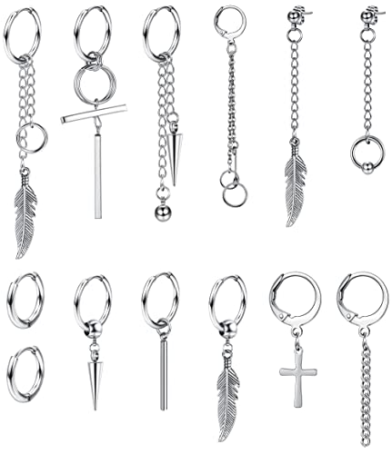 CASSIECA 13 Stück Ohrringe Creolen für Männer und Frauen aus Edelstahl, Kreuz, Feder, Ohrringe, Ohrhänger, Ohrhänger, Kpop-Kette, Ohrringe, Silber, Schwarz, Edelstahl, Edelstahl von CASSIECA