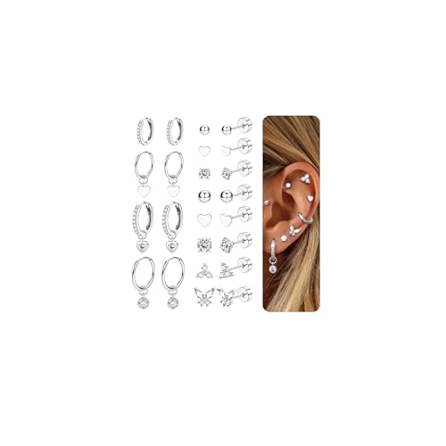 CASSIECA 15 Paar Ohrringe Damen Medizinische Ohrringe Silber Piercing Ohr Chirurgenstahl Creolen Ohrstecker Ohrpiercing Set Helix Knorpel Piercings Hypoallergene Silber Ohr Piercings von CASSIECA