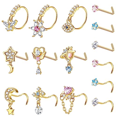 CASSIECA 15Pcs 20G Gold Nasenpiercing für Damen Chirurgenstahl Nasenstecker Nasenringe Hoop Gold Silber CZ Herz Kreuz Mond Blume Dangling Nostril Piercing Nose Stud Nose Rings von CASSIECA