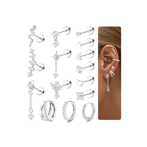 CASSIECA 15 Pcs Piercing Ohr Silber Helix Piercings Chirurgenstahl Ohrringe für Damen Medizinische Ohrstecker Creolen Ohrringe Ohr Piercing Set Conch Helix Tragus Piercing für Mehrere Ohrlöcher von CASSIECA