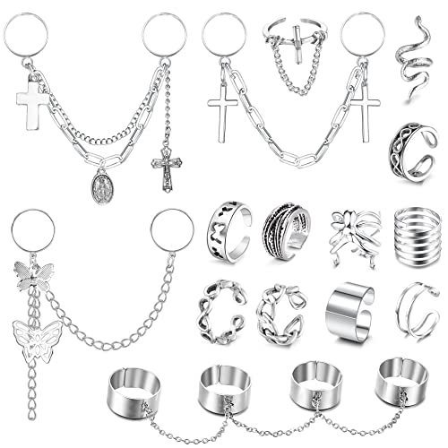 CASSIECA 15pcs Gothic Punk Kette Fingerringe für Damen Herren Cool Hip Hop Stapelbar Vintage Ringe Silber Ton Kreuz Schmetterling Spinne Schlange Einstellbare offene Knöchel Ringe Set von CASSIECA