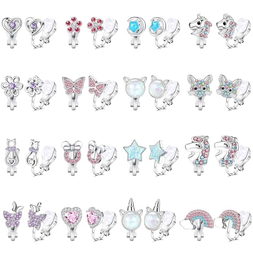 CASSIECA 16 Paar Ohrclips Kinder Mädchen Clip on Ohrringe Ohne Ohrloch Herz Stern Blumen Regenbogen Schildkröten Niedlich Rosa Hypoallergene Ohrclips für Ohne Ohrlöcher Schmuck für Kinder Mädchen von CASSIECA