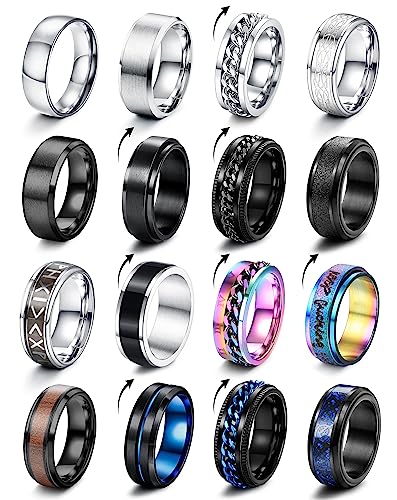 CASSIECA 16 Stück Edelstahl Ringe Herren Fidget Spinner Anti Angst Ringe Band Ketten Ringe Silber Schwarze Ehering Verlobungsringe Zappel Ring Geburtstag Geschenke für Herren Größe 52 von CASSIECA