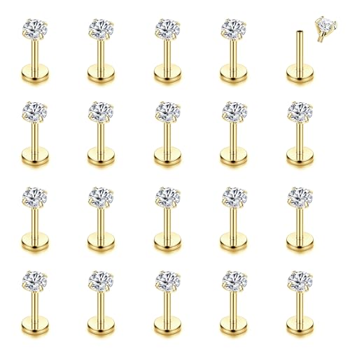 CASSIECA 16G 20Pcs Piercing Ohr Silber Gold Helix Piercings Chirurgenstahl Piercing Ohr Conch Piercing Nasenpiercing Tragus Piercing Lippenpiercing Labret Piercing Studs 6/8/10mm für Frauen Männer von CASSIECA