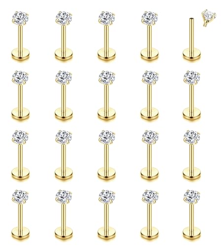 CASSIECA 16G 20Pcs Piercing Ohr Silber Gold Helix Piercings Chirurgenstahl Piercing Ohr Conch Piercing Nasenpiercing Tragus Piercing Lippenpiercing Labret Piercing Studs 6/8/10mm für Frauen Männer von CASSIECA