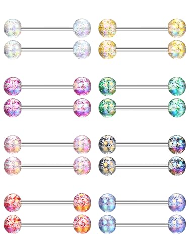 CASSIECA 16-stk. 14G 18 mm Zungenpiercing in Chirurgenstahl / Edelstahl - Mehrfarbig, Brustwarzenpiercing, Nippel Piercing Barbell Set für Damen von CASSIECA