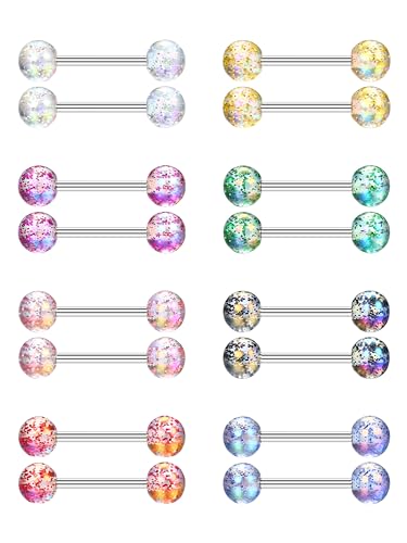 CASSIECA 16Pcs 14G Zungenpiercing Chirurgenstahl 14mm Brustwarzenpiercing Kunststoff Mehrfarbig Edelstahl Nippel Piercing Barbell für Damen von CASSIECA