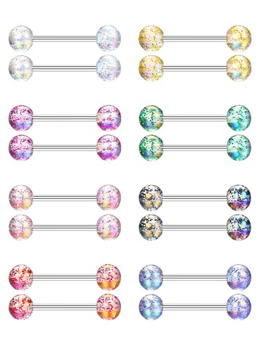 CASSIECA 16Pcs 14G Zungenpiercing Chirurgenstahl Brustwarzenpiercing 16mm Kunststoff Mehrfarbig Edelstahl Nippel Piercing Barbell für Damen von CASSIECA