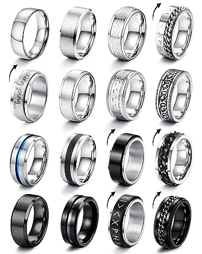 CASSIECA 16 Stück Edelstahl Herren Ringe Silber Schwarz Matt Finish Poliert Band Ring Keltischer Knoten Vintage Biker Ringe Wikinger Verlobungsringe für Herren Männer Größe 57 von CASSIECA
